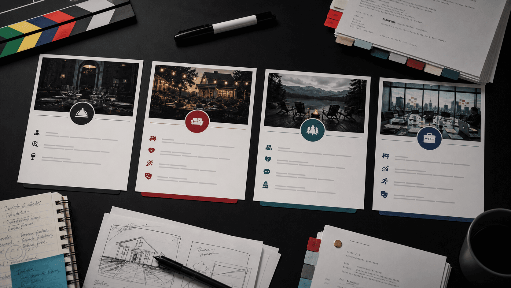 Modern Hollywood pitch boards and screenplay pages for choosing a table-read story direction.